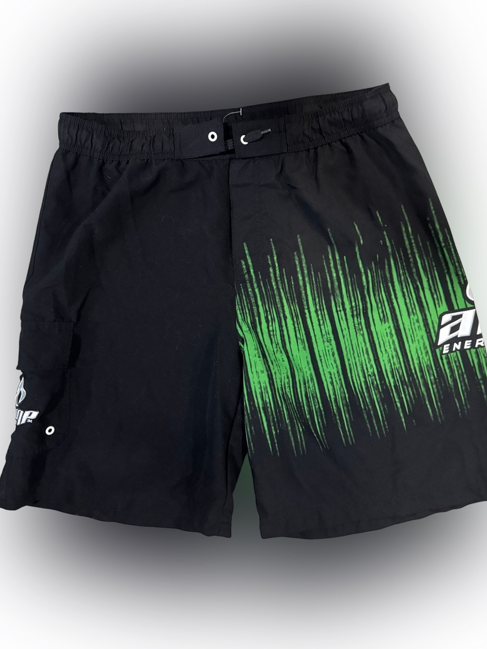 Vtg Amp Energy Drink Y2K Black Swim Trunks with Green Graphic